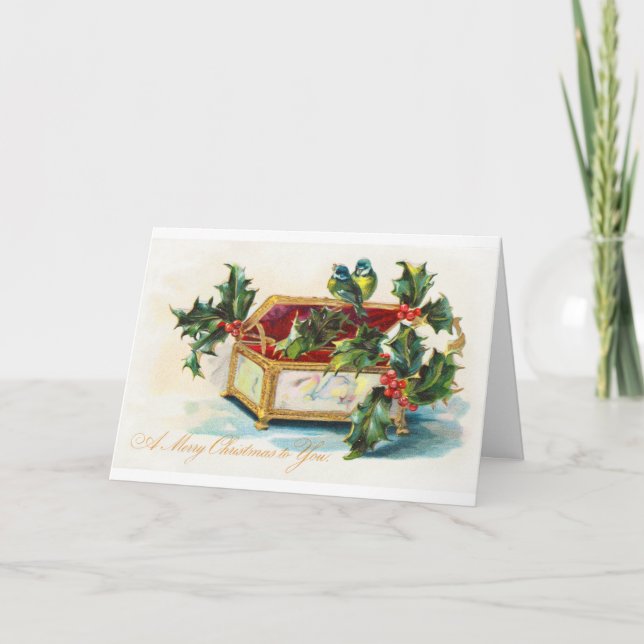 Tarjeta Festiva Vintage Christmas Holly & birds (Anverso)