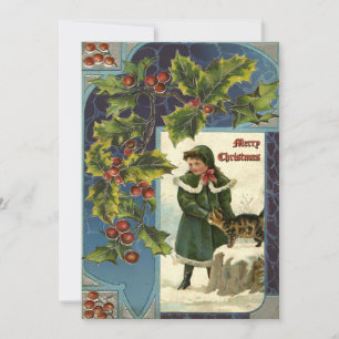 Tarjeta Festiva Vintage Christmas Holly y Chica con gato
