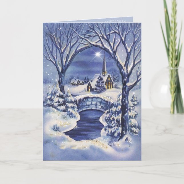 Tarjeta Festiva Vintage Christmas Image Church Blue White (Anverso)
