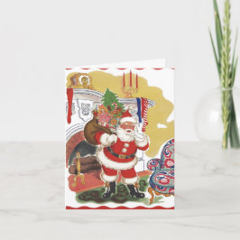 Tarjeta Festiva Vintage Christmas, Jolly Santa Claus con presentes