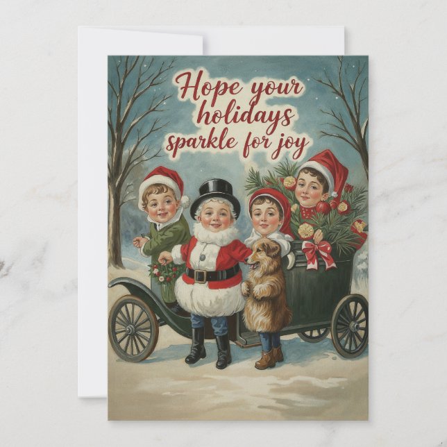 Tarjeta Festiva Vintage Christmas Kids Sparkling Greys (Anverso)