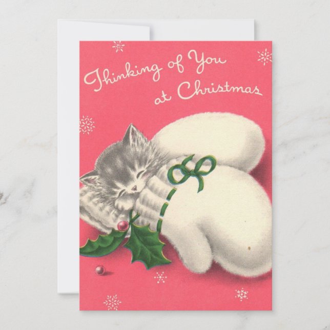 Tarjeta Festiva Vintage Christmas Kitten Mittens (Anverso)