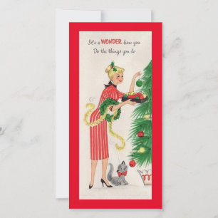 Tarjeta Festiva Vintage Christmas Lady Decorating Tree