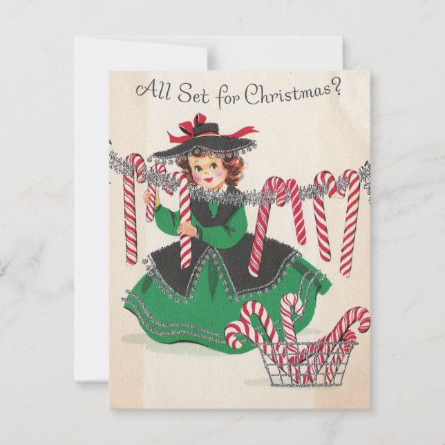 Tarjeta Festiva Vintage Christmas Lady Hangs Candy Canes (Anverso)