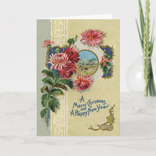 Tarjeta Festiva Vintage Christmas/New Year Floral Bethlehem Scene