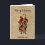 Tarjeta Festiva Vintage Christmas Old World Santa Claus<br><div class="desc">Una tarjeta de navidades con un viejo Navidad del Viejo Mundo, Papá Noel. El clásico santa del viejo mundo, con su famoso abrigo rojo y llevando una bolsa llena de juguetes. Este Santa de la vieja usanza es delgado y tiene un bastón para caminar por la tierra regalando juguetes a...</div>