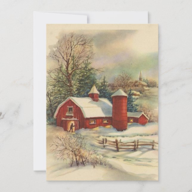 Tarjeta Festiva Vintage Christmas Red Barn (Anverso)