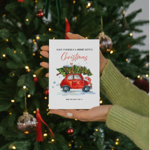 Tarjeta Festiva Vintage Christmas Red Car & Tree