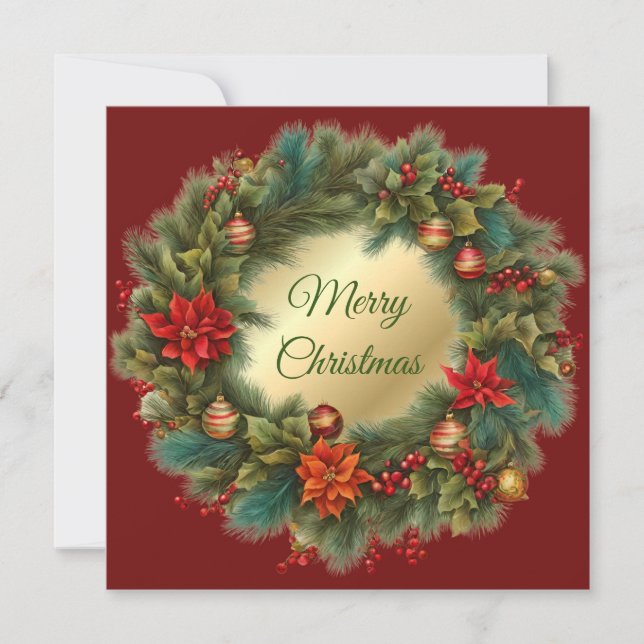 Tarjeta Festiva Vintage Christmas Red Poinsettia, Berries Wreath (Anverso)