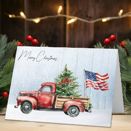 Tarjeta Festiva Vintage Christmas Red Truck Bandera Patriótica de