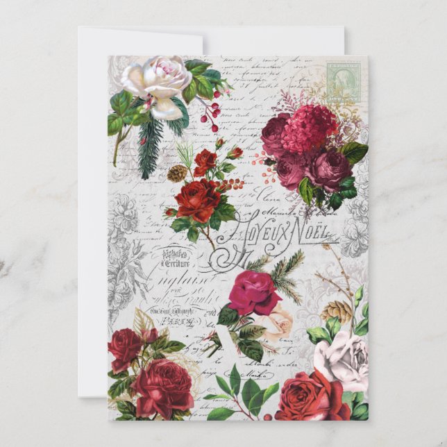 Tarjeta Festiva Vintage Christmas Rosa Joyeux Noel Ephemera (Anverso)
