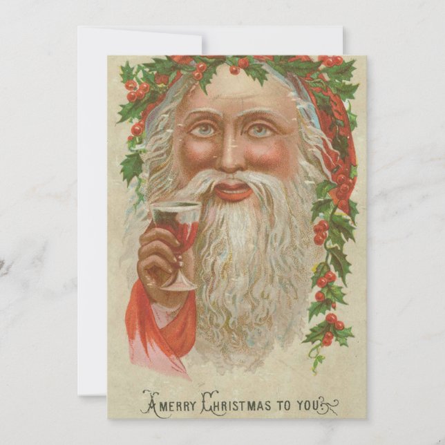 Tarjeta Festiva Vintage Christmas Santa Beber Wine Holiday Card (Anverso)