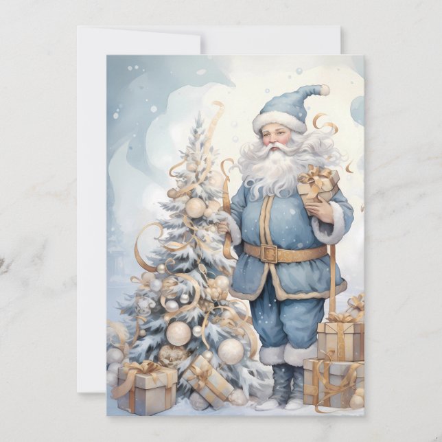 Tarjeta Festiva Vintage Christmas Santa Blue Gold (Anverso)