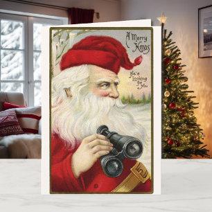 Tarjeta Festiva Vintage Christmas Santa Claus Binoculars Signature
