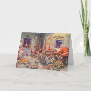 Tarjeta Festiva Vintage Christmas, Santa Claus con Elves Workshop