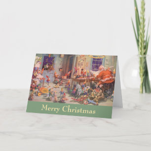 Tarjeta Festiva Vintage Christmas, Santa Claus con Elves Workshop