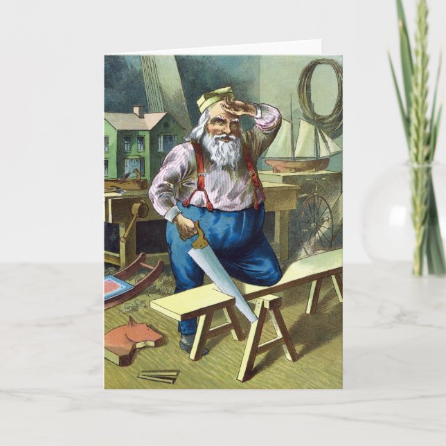 Tarjeta Festiva Vintage Christmas, Santa Claus construyendo juguet (Anverso)