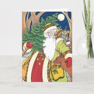 Tarjeta Festiva Vintage Christmas, Santa Claus Deer en la selva