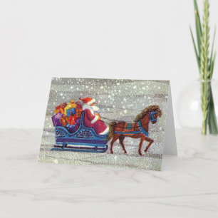 Tarjeta Festiva Vintage Christmas, Santa Claus Horse Open Sleigh