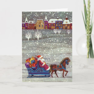 Tarjeta Festiva Vintage Christmas, Santa Claus Horse Open Sleigh