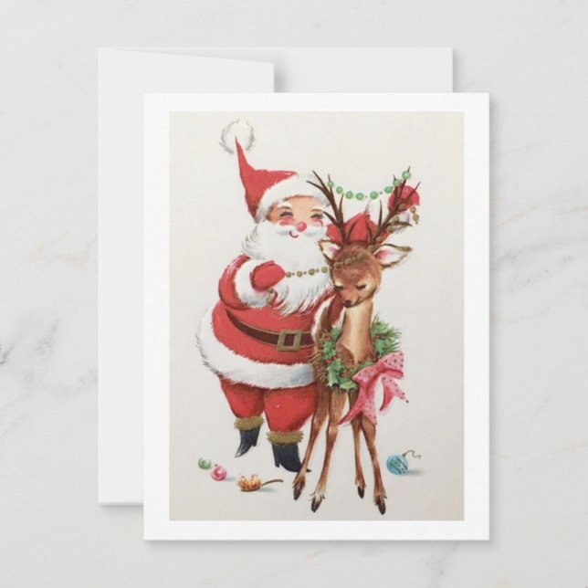 Tarjeta Festiva Vintage Christmas Santa con Baby Deer (Anverso)
