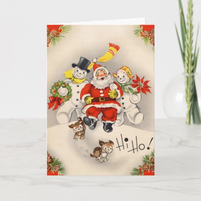 Tarjeta Festiva Vintage Christmas Santa con Snowman (Anverso)
