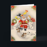 Tarjeta Festiva Vintage Christmas Santa con Snowman<br><div class="desc">Vintage Navidad Santa con tarjeta de vacaciones de hombre de nieve y perros.</div>