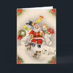 Tarjeta Festiva Vintage Christmas Santa con Snowman<br><div class="desc">Vintage Navidad Santa con tarjeta de vacaciones de hombre de nieve y perros.</div>