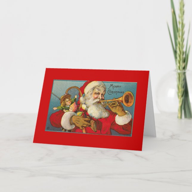 Tarjeta Festiva Vintage Christmas Santa CON TRUMPET (Anverso)
