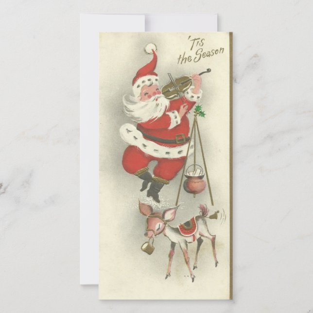 Tarjeta Festiva Vintage Christmas Santa Dances Plantea Violín (Anverso)