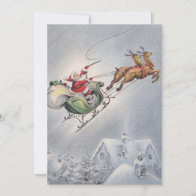 Tarjeta Festiva Vintage Christmas Santa Flying Reindeer (Anverso)