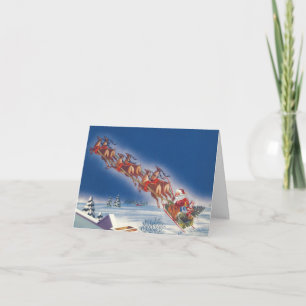 Tarjeta Festiva Vintage Christmas, Santa Flying Sleigh w Reindeer