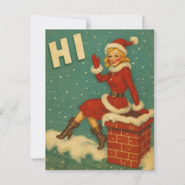 Tarjeta Festiva Vintage Christmas Santa Girl On Rooftop  (Anverso)