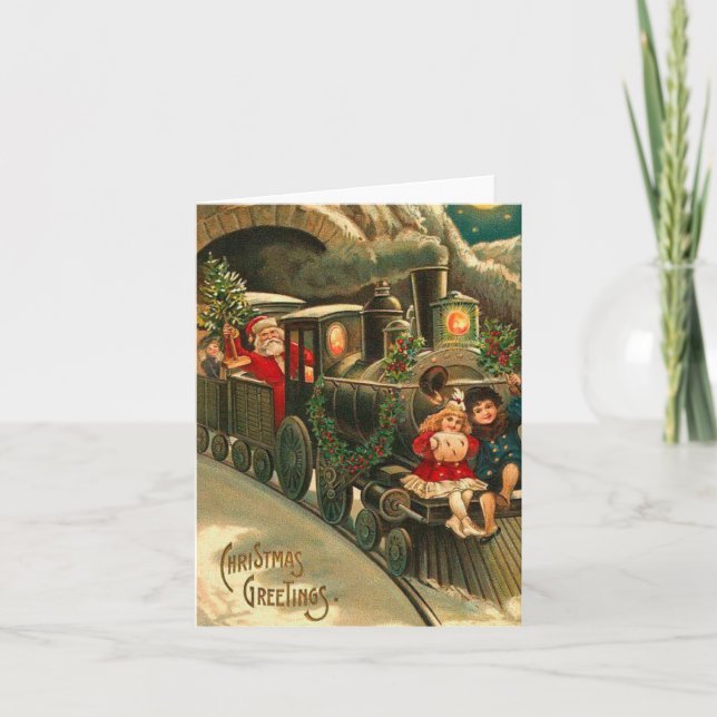 Tarjeta Festiva Vintage Christmas Santa On Train (Anverso)