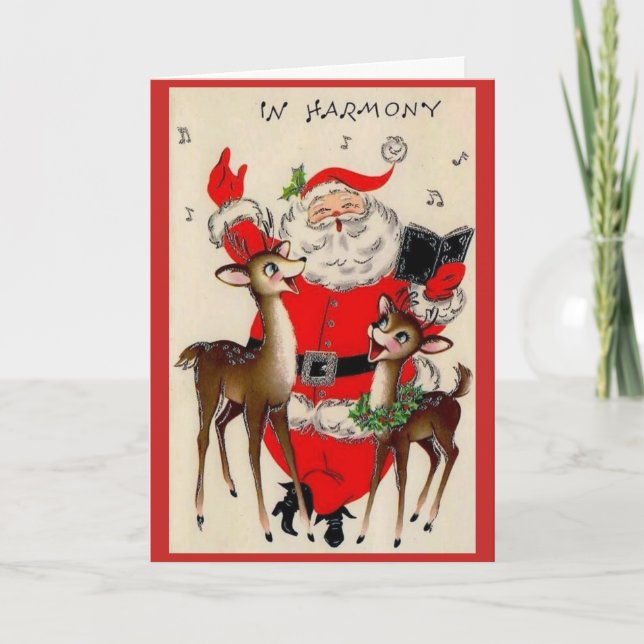 Tarjeta Festiva Vintage Christmas - Santa & Reindeer in Harmony, (Anverso)