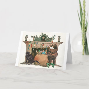 Tarjeta Festiva Vintage Christmas Santa y Black Lab dog