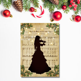Tarjeta Festiva Vintage Christmas Sheet Music Chica y violín