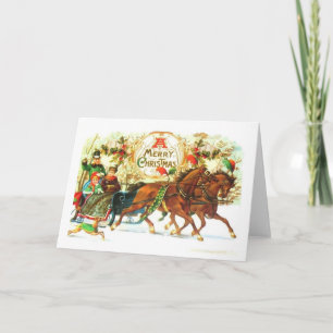 Tarjeta Festiva Vintage Christmas Sleigh Horses