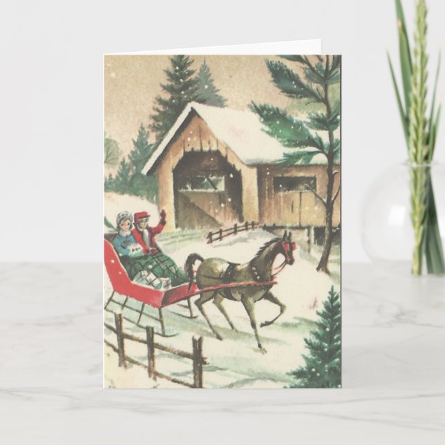 Tarjeta Festiva Vintage Christmas Sleigh Ride (Anverso)