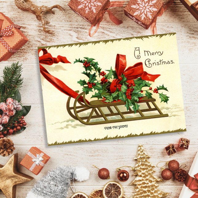 Tarjeta Festiva Vintage Christmas Sleigh saludo (Vintage Christmas Sleigh Greetings Holiday Card)