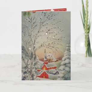Tarjeta Festiva Vintage Christmas Snow Silver Purpurina Red Church
