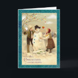 Tarjeta Festiva Vintage Christmas Snowman<br><div class="desc">Traiga de vuelta los buenos días con esta hermosa tarjeta de Navidades de vacaciones. Puede personalizar esta tarjeta nostálgica con su propio texto usando la sección "Personalízalo" a su derecha. Esta imagen retro ha sido extraída de antiguas obras de arte y ampliada para esta tarjeta de saludo. Aunque he hecho...</div>