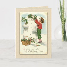 Tarjeta Festiva Vintage Christmas Snowman and Boy