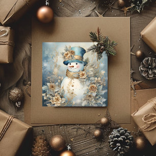 Tarjeta Festiva Vintage Christmas Snowman Blue and Gold