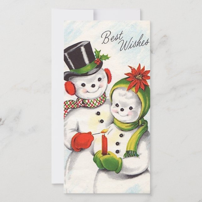 Tarjeta Festiva Vintage Christmas Snowman Couple (Anverso)