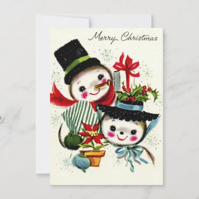 Tarjeta Festiva Vintage Christmas Snowman Couple (Anverso)
