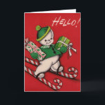 Tarjeta Festiva Vintage Christmas Snowman Greet Card<br><div class="desc">Tarjeta de Navidades Vintage / Retro Snowman.  ¡Hola!  ¡Snowman esquiando en caramelos!</div>