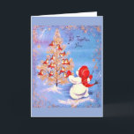 Tarjeta Festiva Vintage Christmas - Snowman liderando un coro,<br><div class="desc">Una imagen vintage de la tarjeta navideña muestra a un lindo muñeco de nieve con una gorra de punto rojo y mitones. Él está liderando un coro de pájaros encaramado en las ramas de un árbol de Navidad. La parte delantera de la tarjeta dice "Todos juntos ahora" y el mensaje...</div>