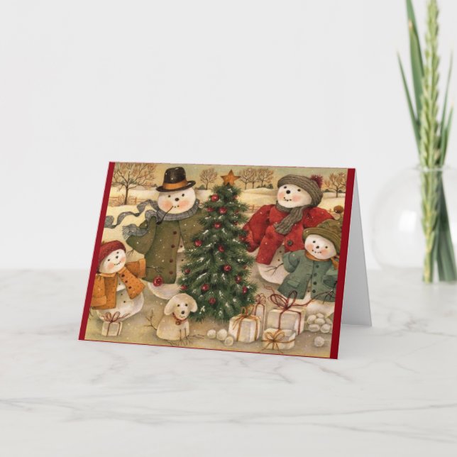 Tarjeta Festiva Vintage Christmas Snowmen (Anverso)