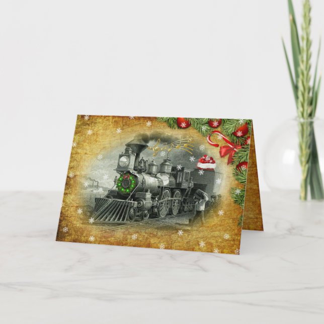 Tarjeta Festiva Vintage Christmas Steam Train Holiday Card (Anverso)